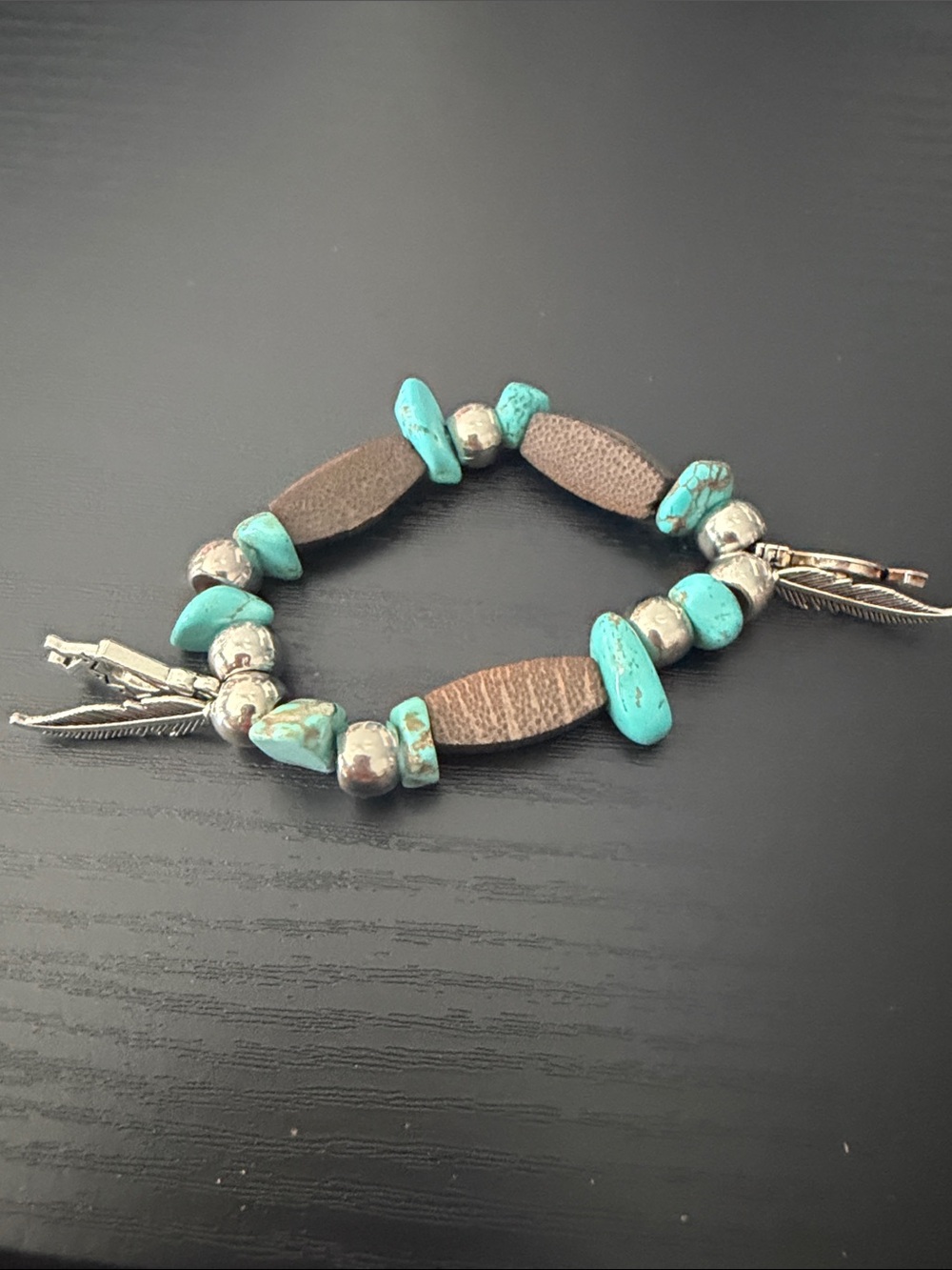 Turquoise Stone & Leather Bead Stretch Bracelet - Turquoise Handmade